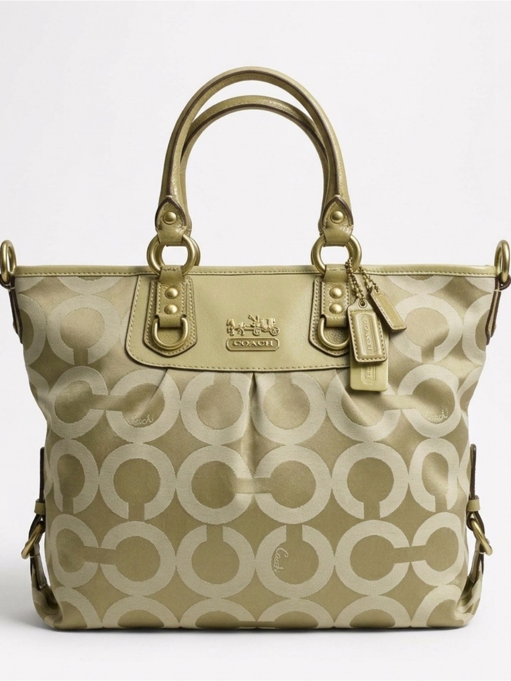 COACH MADISON LARGE CHAMPAGNE BEIGE OP ART SIGNATURE MAGAZINE TOTE BAG
